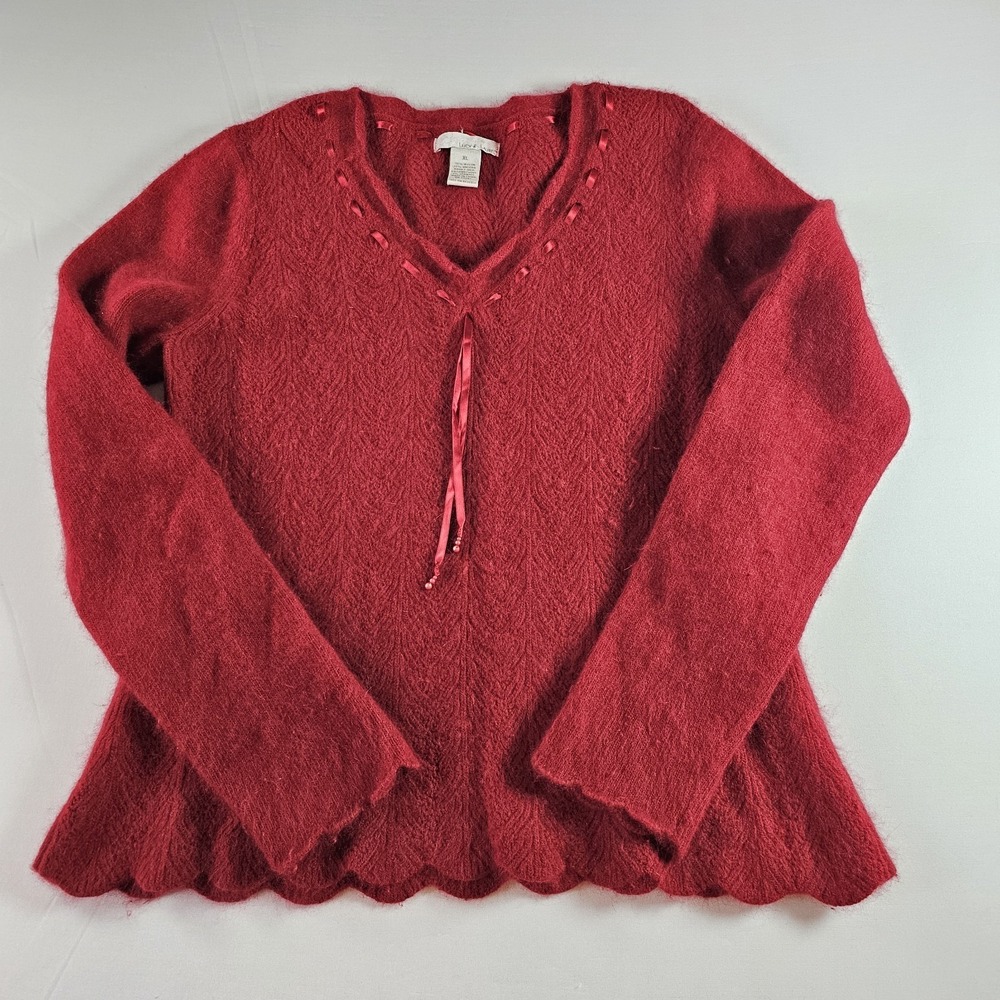 Lucy & Laurel Angora Womens XL Angora Blend Sweater Red Ribbon Scallop Romantic‎